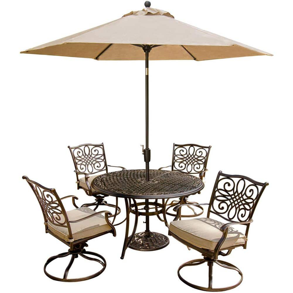 Hanover Traditions 5 Pcs Aluminum Outdoor Dining Set Seats 4 with Umbrella, Tan