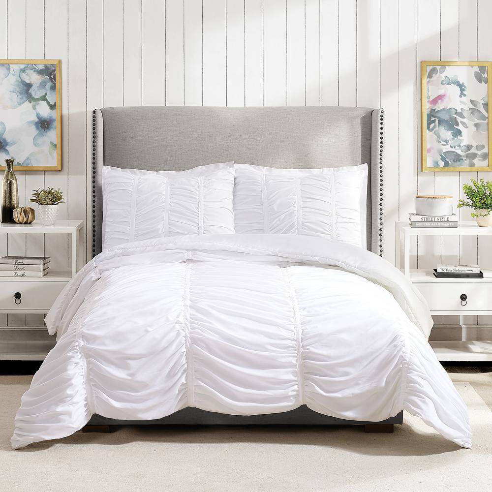 Emily Texture (White) 2-Piece Comforter Set, Ruched All Seasons Bedding, Machine Washable - Twin/Twin XL Size