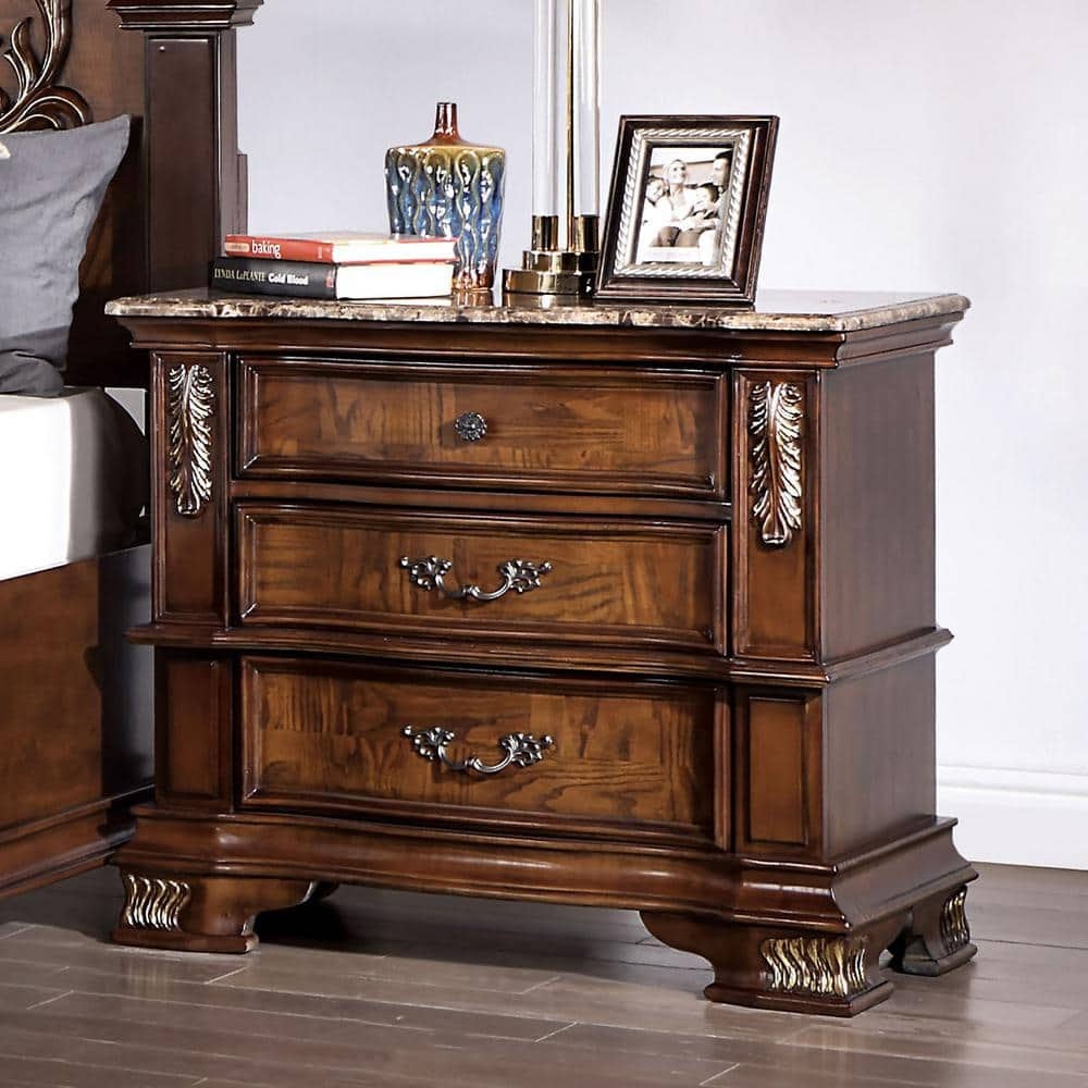 Florence Brown Cherry 3-Drawer Nightstand with Genuine Marble Top