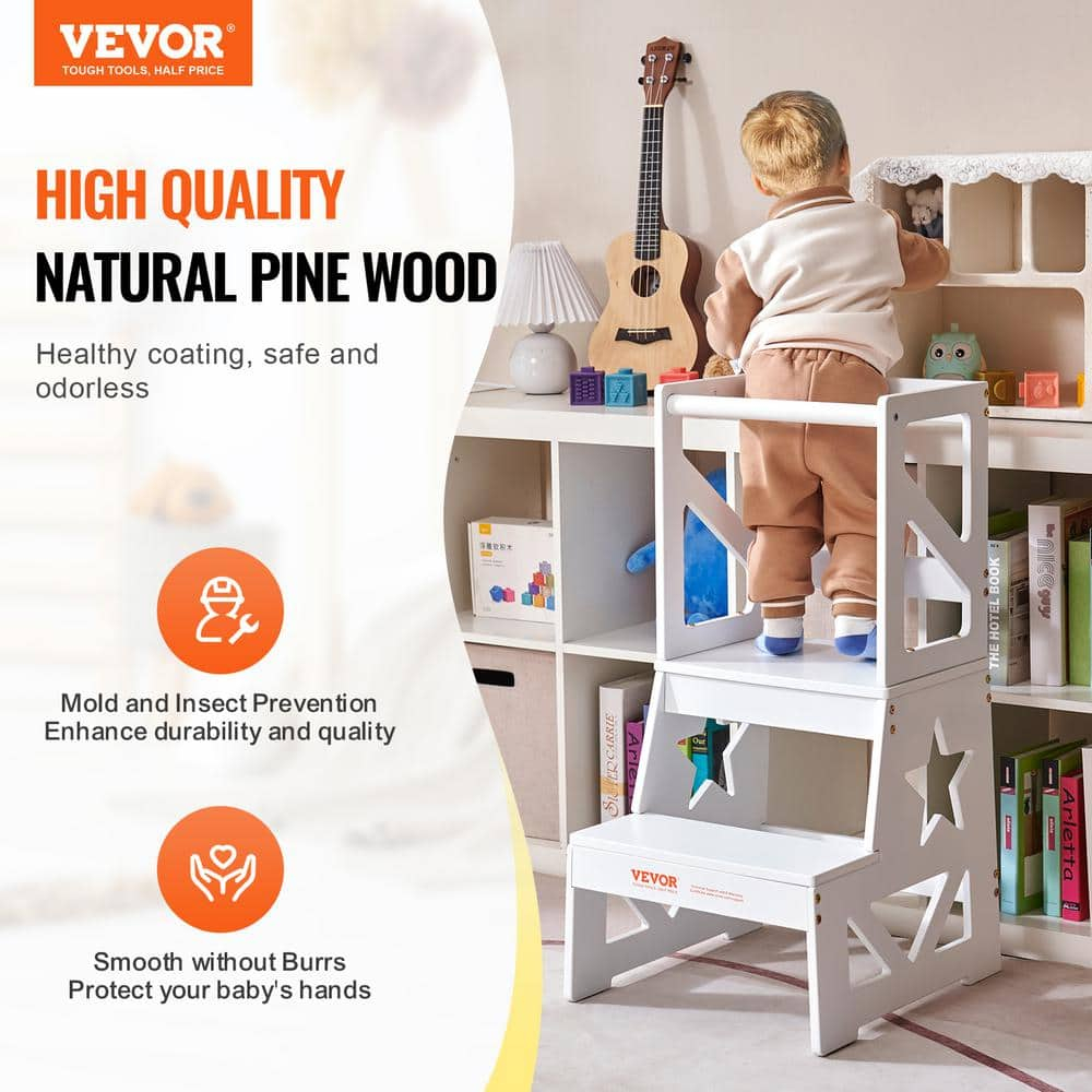 Toddler Step Stool, Natural Pine Wood Kids Kitchen Stool Helper with Safety Rail, Standing Tower Learning Stool for Bedroom Bathroom Kitchen Counter, 150LBS Loading Capacity,