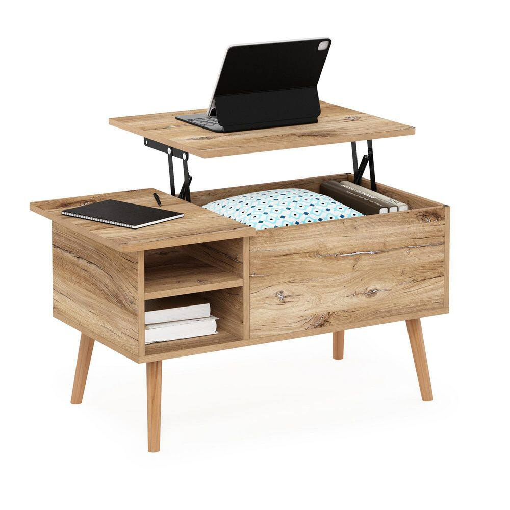 Furinno Jensen Wooden Leg Lift Top Coffee Table With Hidden Compartment and Side Open Storage Shelf for Living Room, Flagstaff Oak