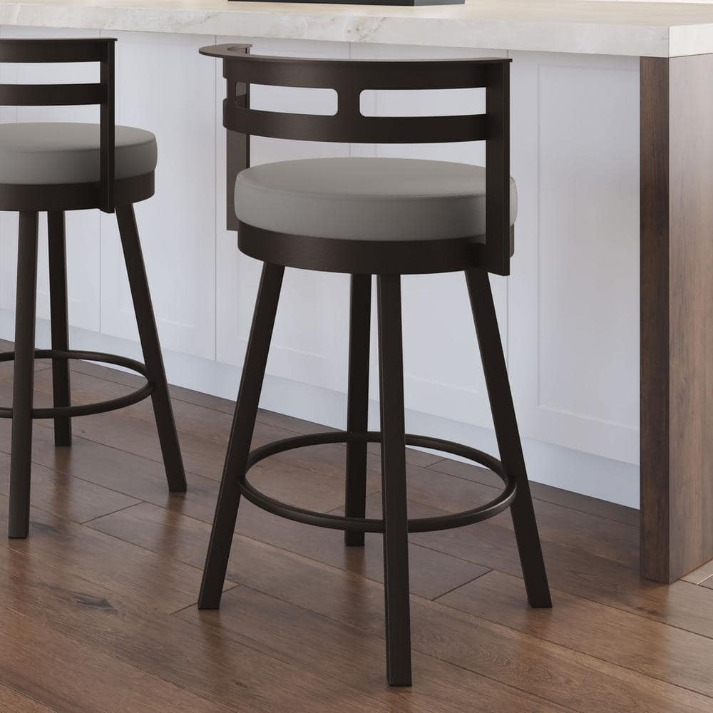Amisco Render 26" Counter Height Barstool, Swivel Stool with Backrest and Metal Base for Kitchen Island or Bar - Taupe Grey Faux Leather/Dark Brown Metal/Counter Height