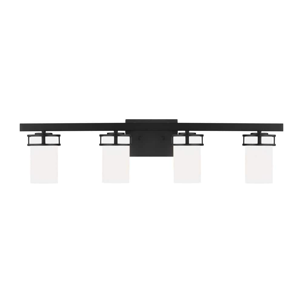 Robie 34 in. 4-Light Matte Black Transitional Rustic Wall Bathroom Vanity Light with Etched White Glass Shades