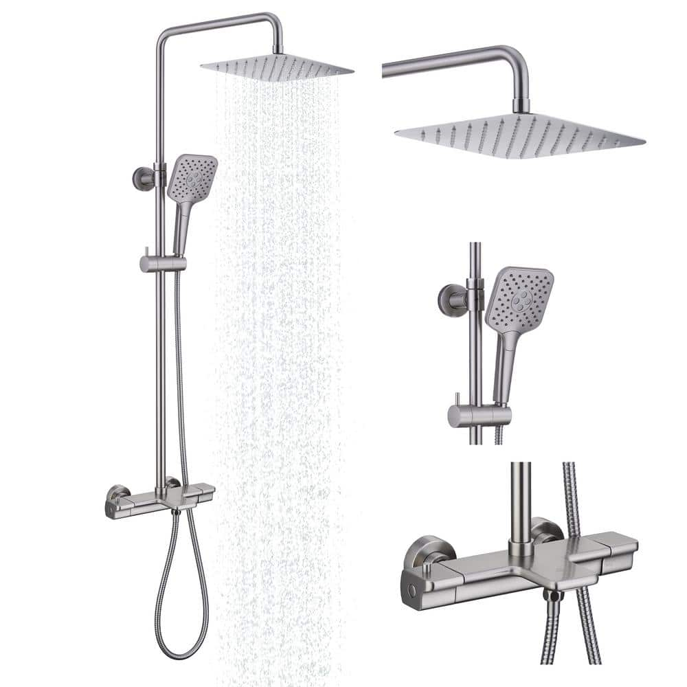 4-Spray Patterns 9.8 in. Thermostatic Tub Wall Mount Dual Shower Heads Shower Faucet in Brushed Nickel
