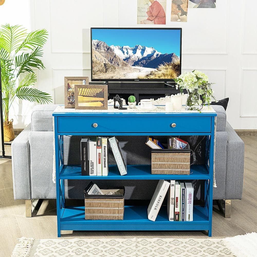 Costway 3-Tier Console Table X-Design Sofa Entryway Table with Drawer & Shelves Blue