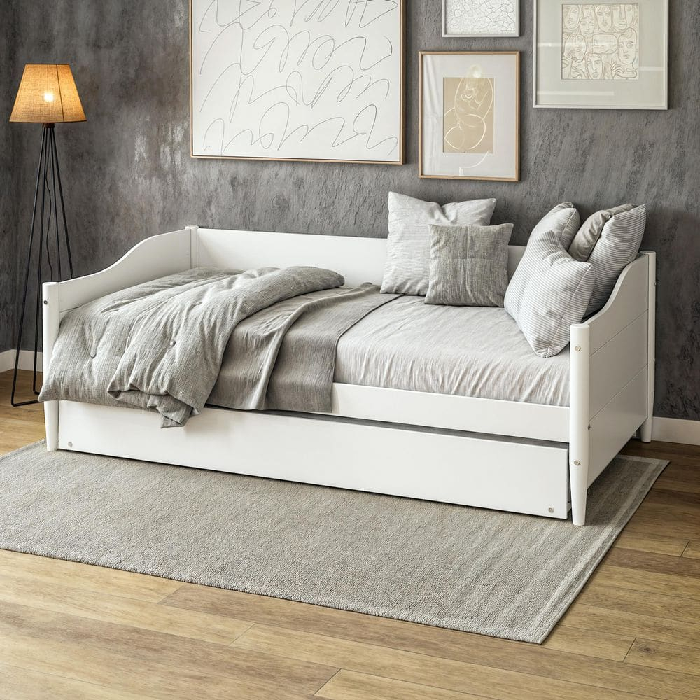 Mid Century Classic Twin Size Day Bed with Trundle White Finish