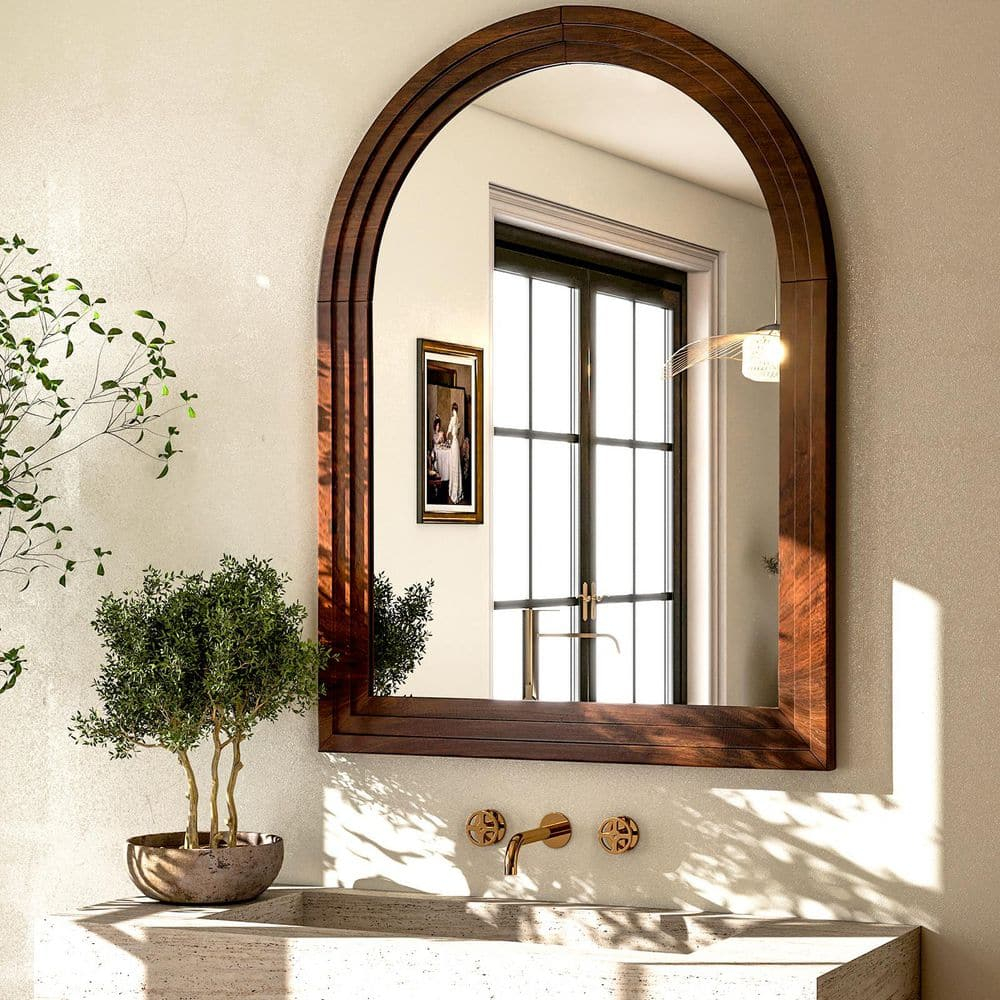 BEAUTYPEAK 36"x 24" Arched Bathroom Mirror Wall Mirror Wooden Frame,Brown