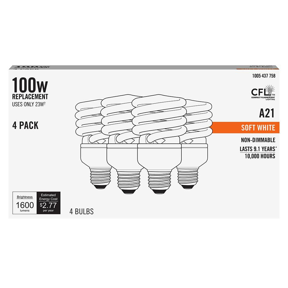 100-Watt Equivalent A21 Spiral Non-Dimmable E26 Base EcoSmart Compact Fluorescent CFL Light Bulb, Soft White 2700K (4-Pack) ESL23T2/4/ESM