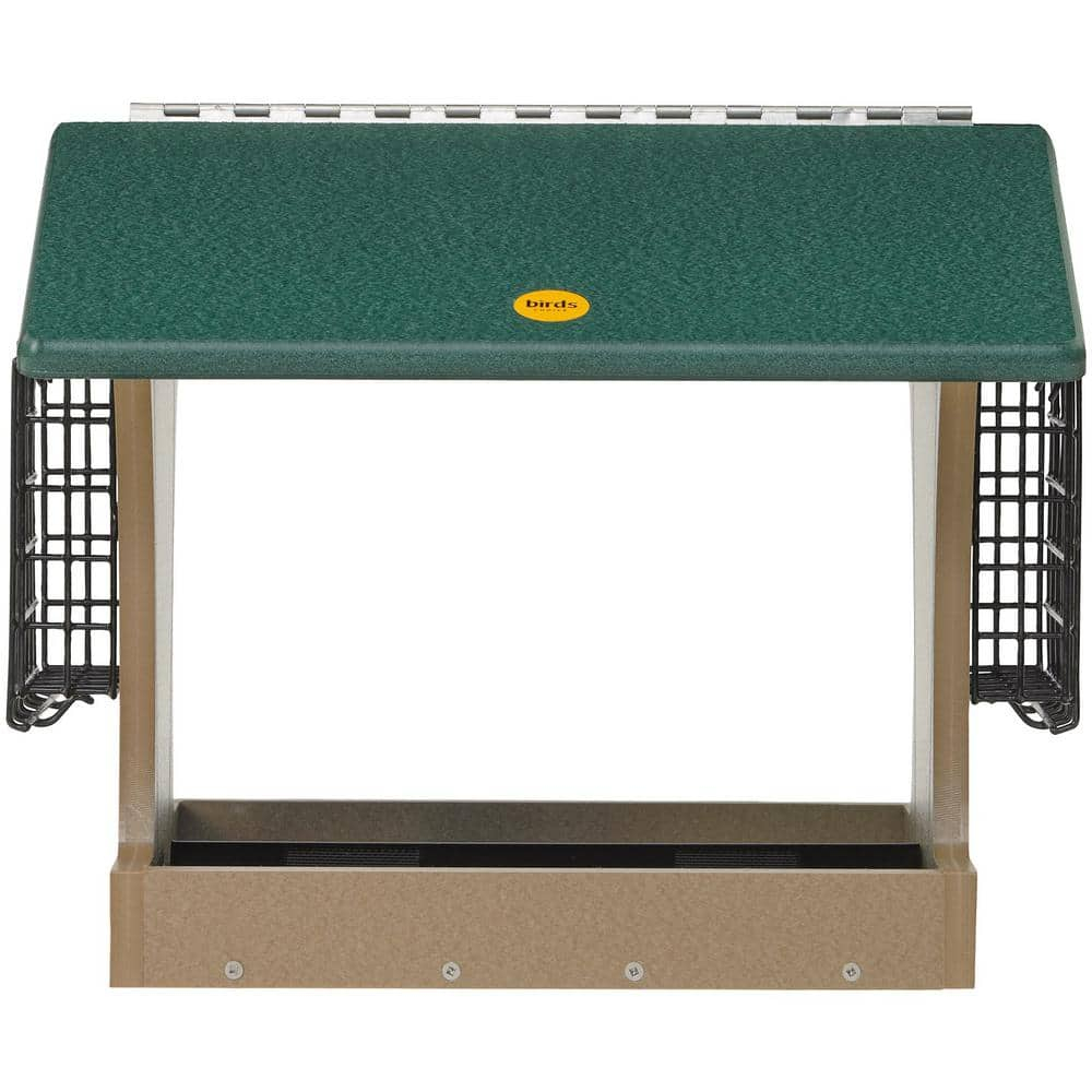 Large Green and Taupe Recycled Plastic Hopper Feeder with Suet Cages