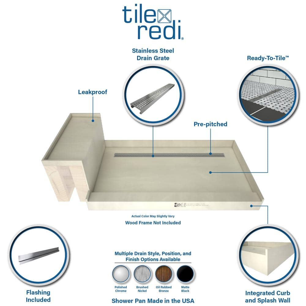 Tile Redi Rt3660l-Rb36-Kit Base'n Bench 72" X 36" Rectangular Shower Base - Grey w/ Matte