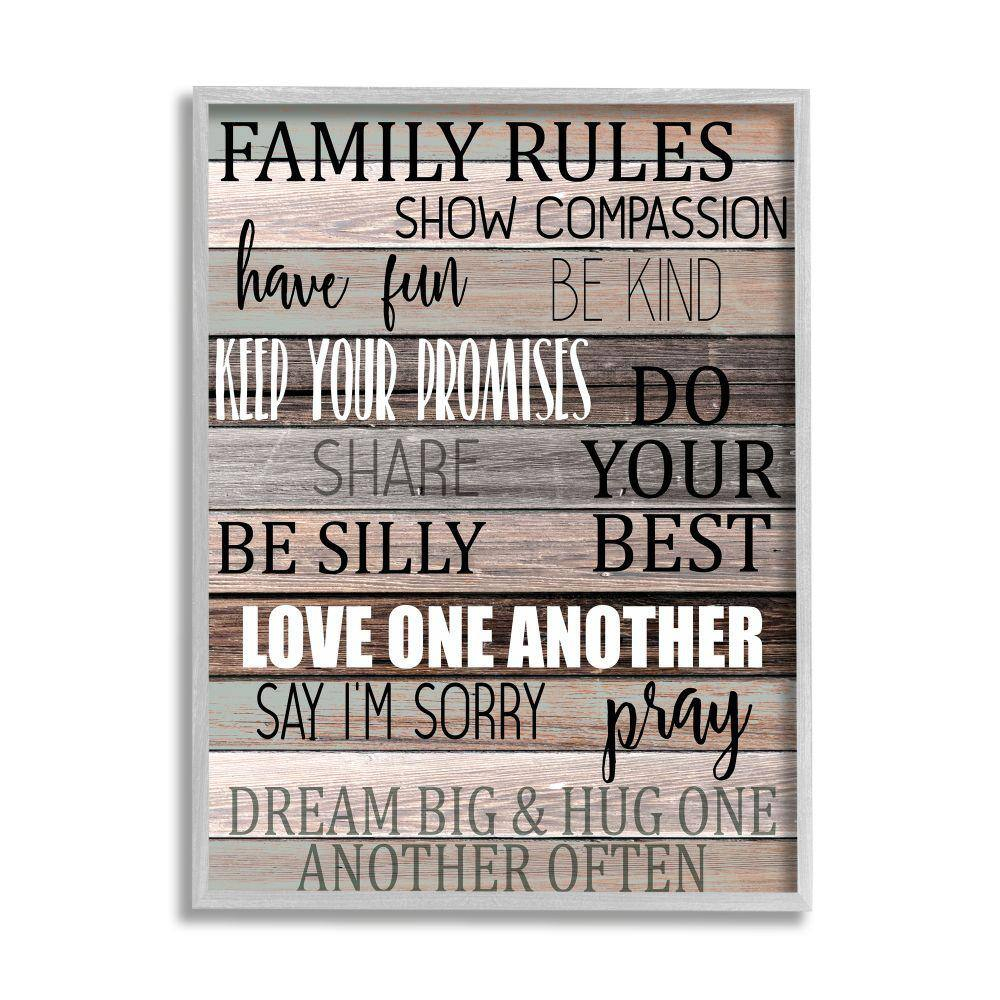 Stupell Industries Family Rules Text Fun Wood Grain Rustic Tan Teal Framed Wall Art Design by Kim Allen, 11" x 14", Gray Framed