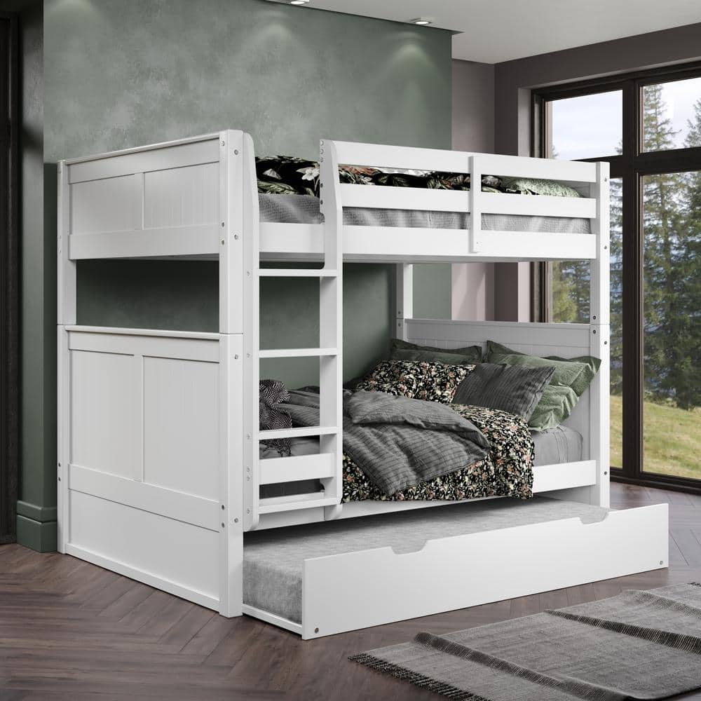 White Full Over Full Bunk Bed with Twin Trundle and Panel Headboard