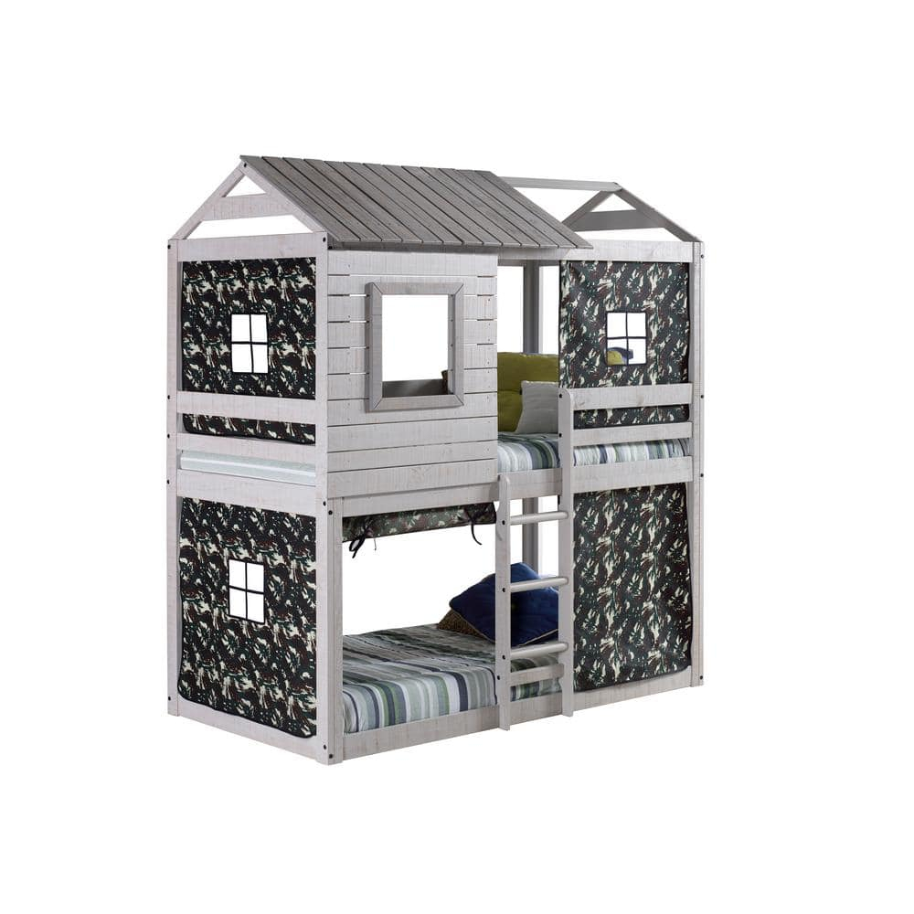 Rustic Light Grey Pine Twin Bunk Bed with Camo Tent