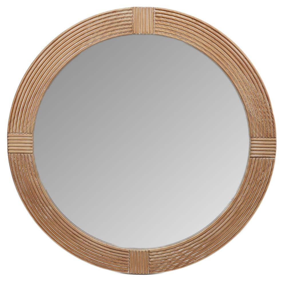 Parisloft 31.5 Inch Round Natural Wood Decorative Wall Mirror, Farmhosue Rustic Wall Mirror