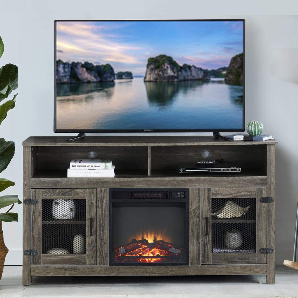 Modern 65" Fireplace TV Stand Farmhouse TV Stand with 23''Electric Fireplace,Storage Cabinet and Adjustable Shelves for Living Room Bedroom(Gray)