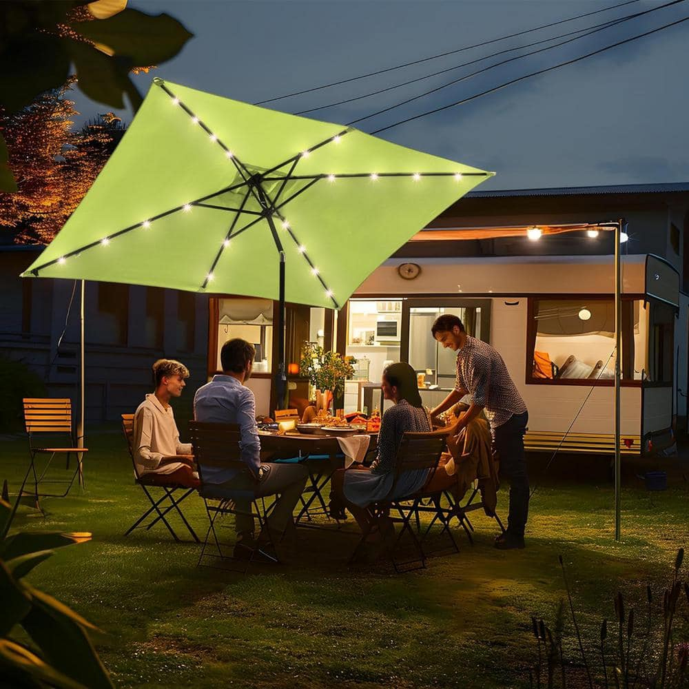 10x6.5 ft Outdoor Rectangle Solar Powered LED Patio Umbrella with Crank Tilt for Garden Backyard Table Market Pool, Lime