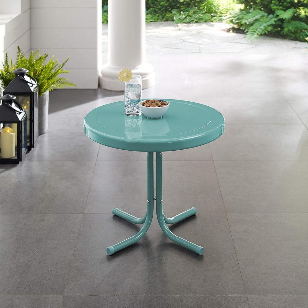 Crosley Retro Metal Patio Side Table Pastel Blue Satin: Vintage Style, Round, Weather-Resistant