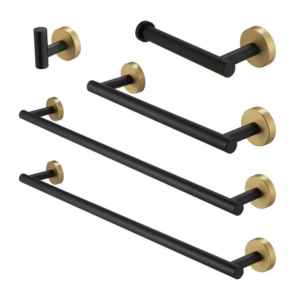 5 Pieces Black Gold Bathroom Hardware Set, 23.6 Inches Bathroom Towel Rack Set Bath Towel Bar Set, SUS304 Stainless Steel Bathroom Accessories Kit Wall Mounted