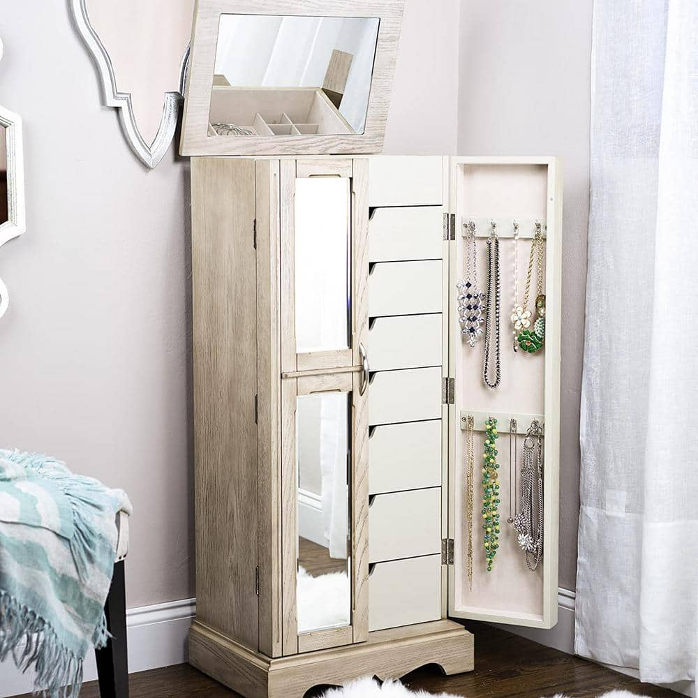 Hives & Honey Meadow Standing Jewelry Armoire Cabinet, Jewelry Storage Organizer with Top Flip Mirror, 2 Doors, 7 Drawers, Jewelry Chest, Jewelry Box for Necklace, Earring, Bracelet, Taupe
