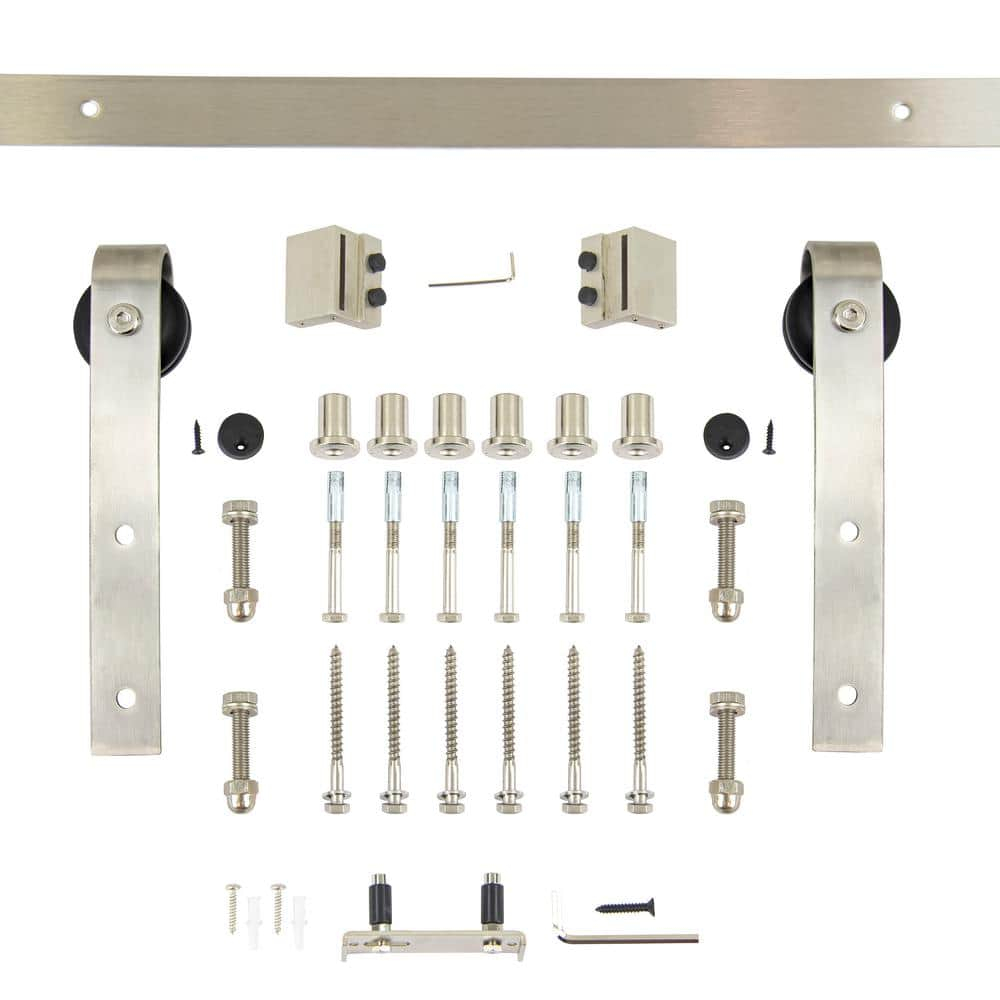 Expressions 96 in. Brushed Stainless Steel Bent Strap Sliding Barn Door Hardware and Track Kit