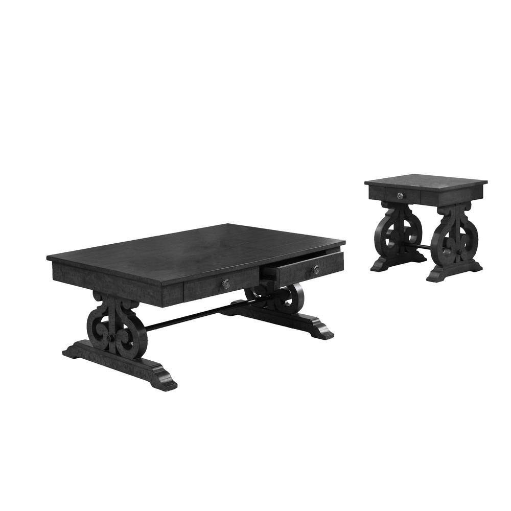 Traditional 2pc Coffee Table Set in Rustic Dark Gray Wood with Drawer Storage