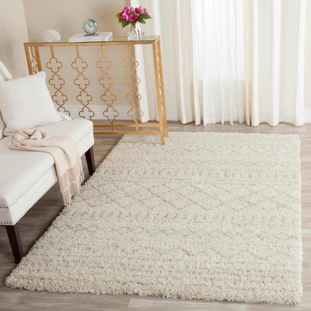 SAFAVIEH Arizona Teagan Geometric Striped Shag Area Rug, Ivory/Beige, 9' x 12'