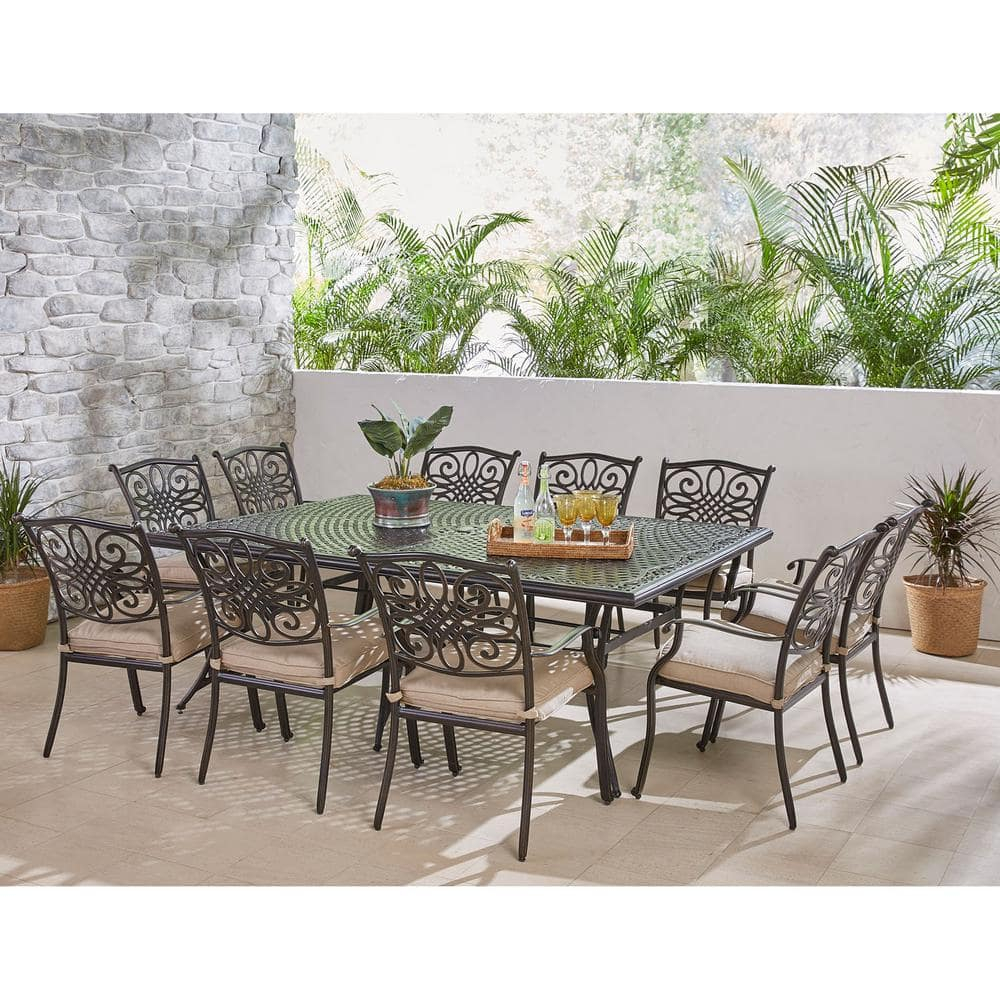 Hanover Traditions 11-Piece Outdoor Patio Dining Set with 60" x 84" Cast-Top Table and 10 Thick Foam Cushioned Chairs with Heavy-Duty Aluminum Frames | TRADDN11PC