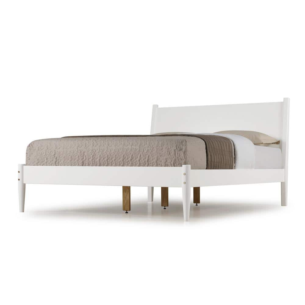 Camaflexi Mid Century Platform Bed Wood Panel Bed Frame with Headboard, Queen, White