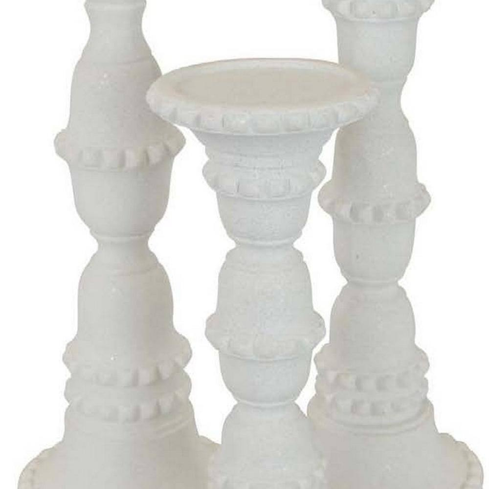 Benjara Accent Candle Holder Set of 3, Tall Pillars, Heavy Base, White Resin