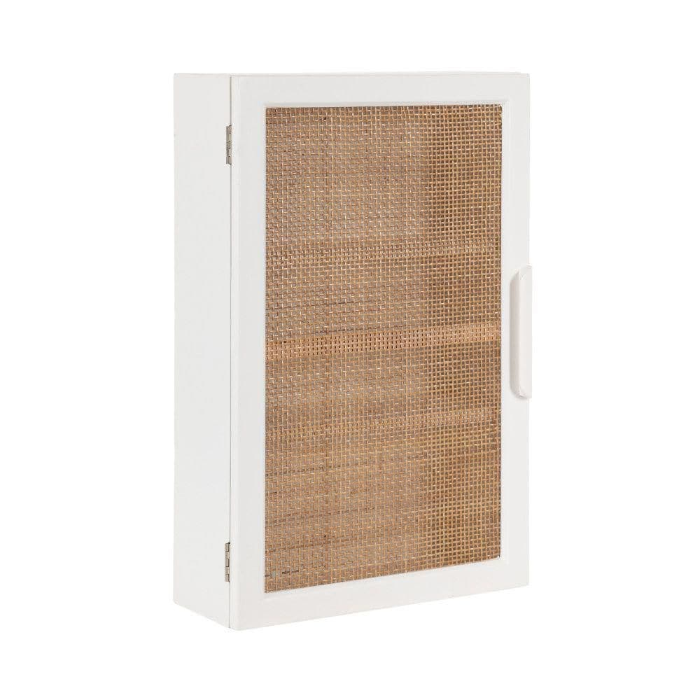 Kate and Laurel Ori Transitional Cane Wall Cabinet with Door, 15 x 7 x 24, Painted White Wood and Natural Rattan, Decorative Rattan Over the Toilet Cabinet with Three Shelves for Decor and Display