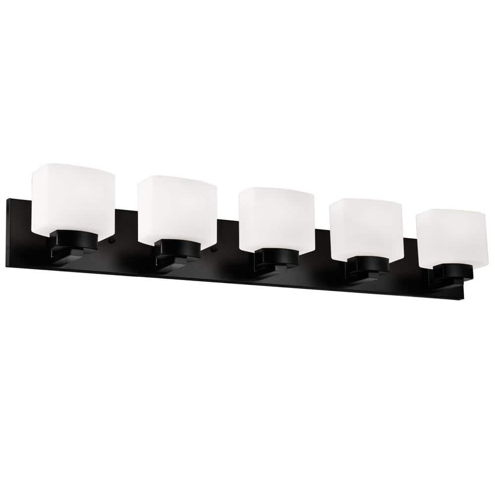 Design House Dove Creek 5-Light Dimmable Vanity Light with Frosted Glass Shades, Matte Black