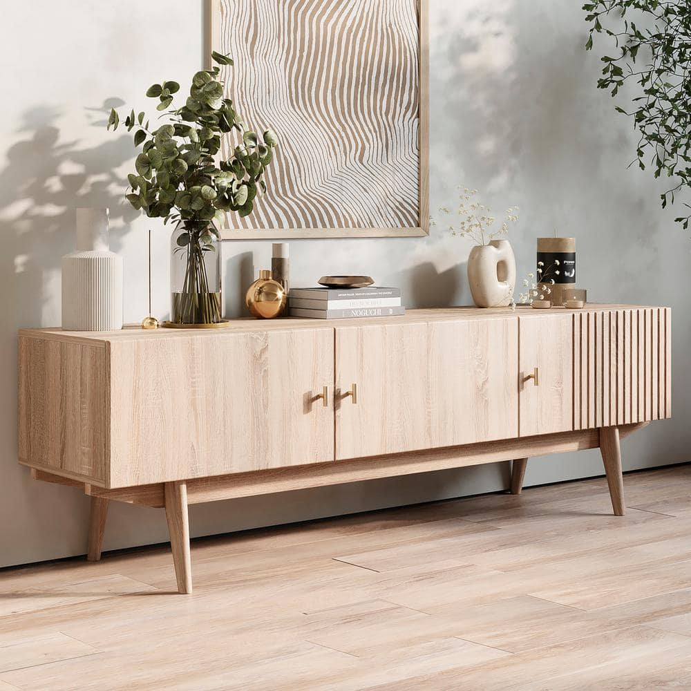 Living Skog  Chelsea Brown TV Stand Fits for TV's up to 65 in. with Slatted Design and Wood Legs Beige Matte Laminate, MDF