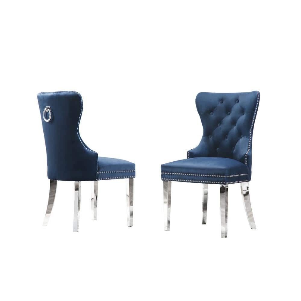 Tufted Navy Blue Velvet Side Chairs with Silver Stainless Steel (Set of 2)