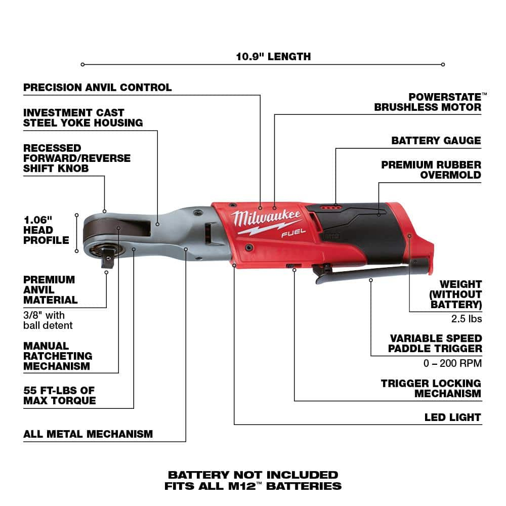 Milwaukee 2557-20 - M12 Fuel, 3/8 in Drive Size Cordless, 55 ft lb Electric Ratchet