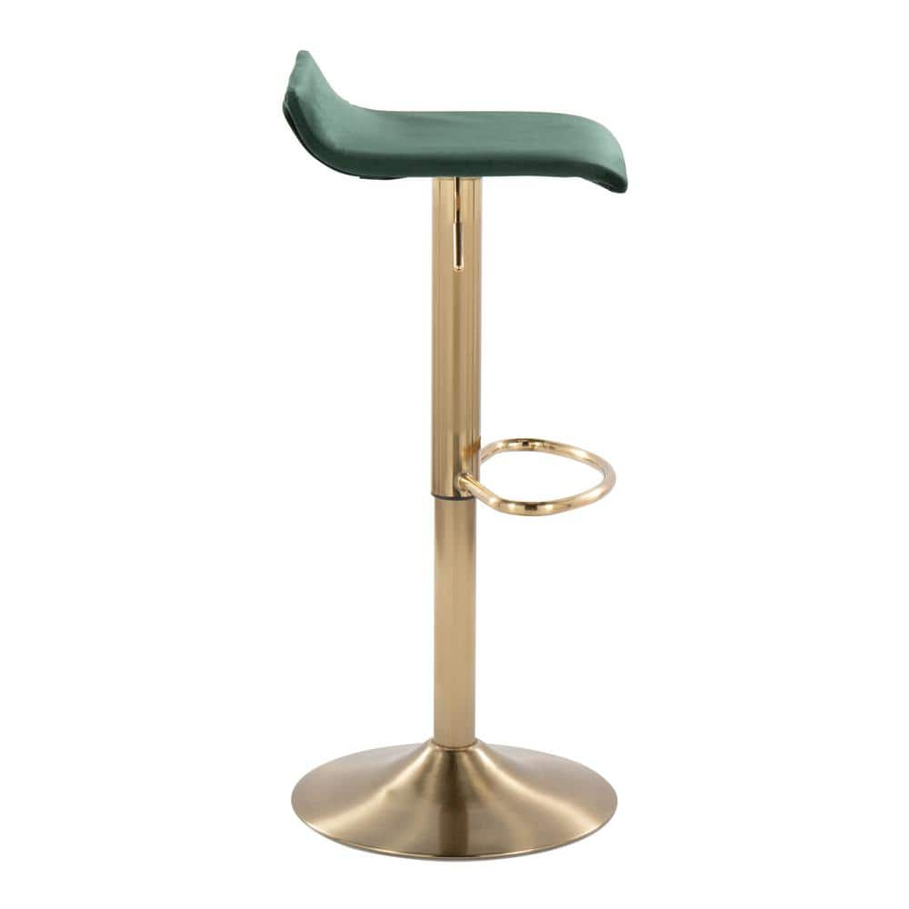 Ale Contemporary Glam Adjustable Height Barstool With Swivel In Gold Brushed Metal And Green Velvet With Oval Footrest -