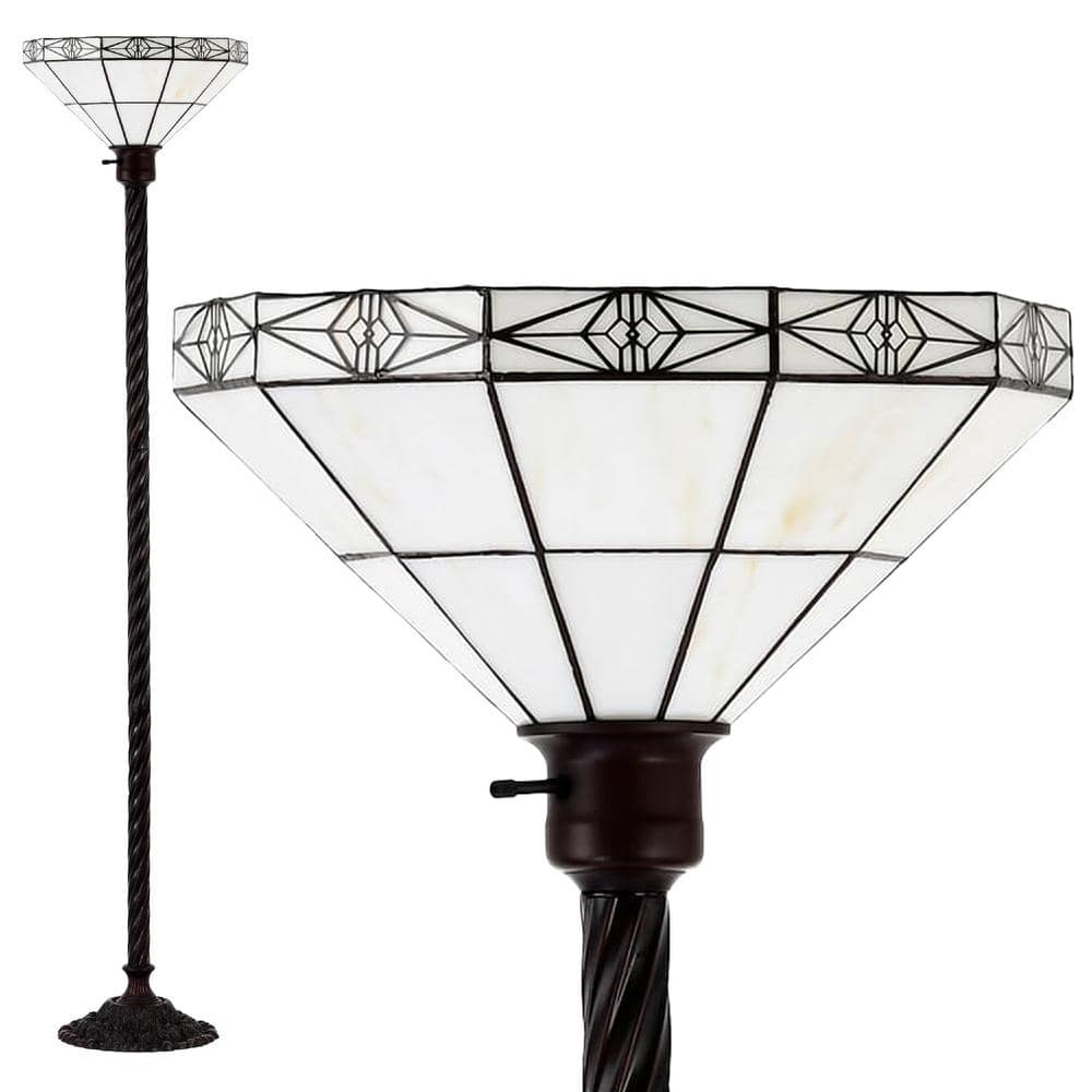 Tiffany-style Mission-style White Torchiere Floor Lamp with Durable White Zinc Construction