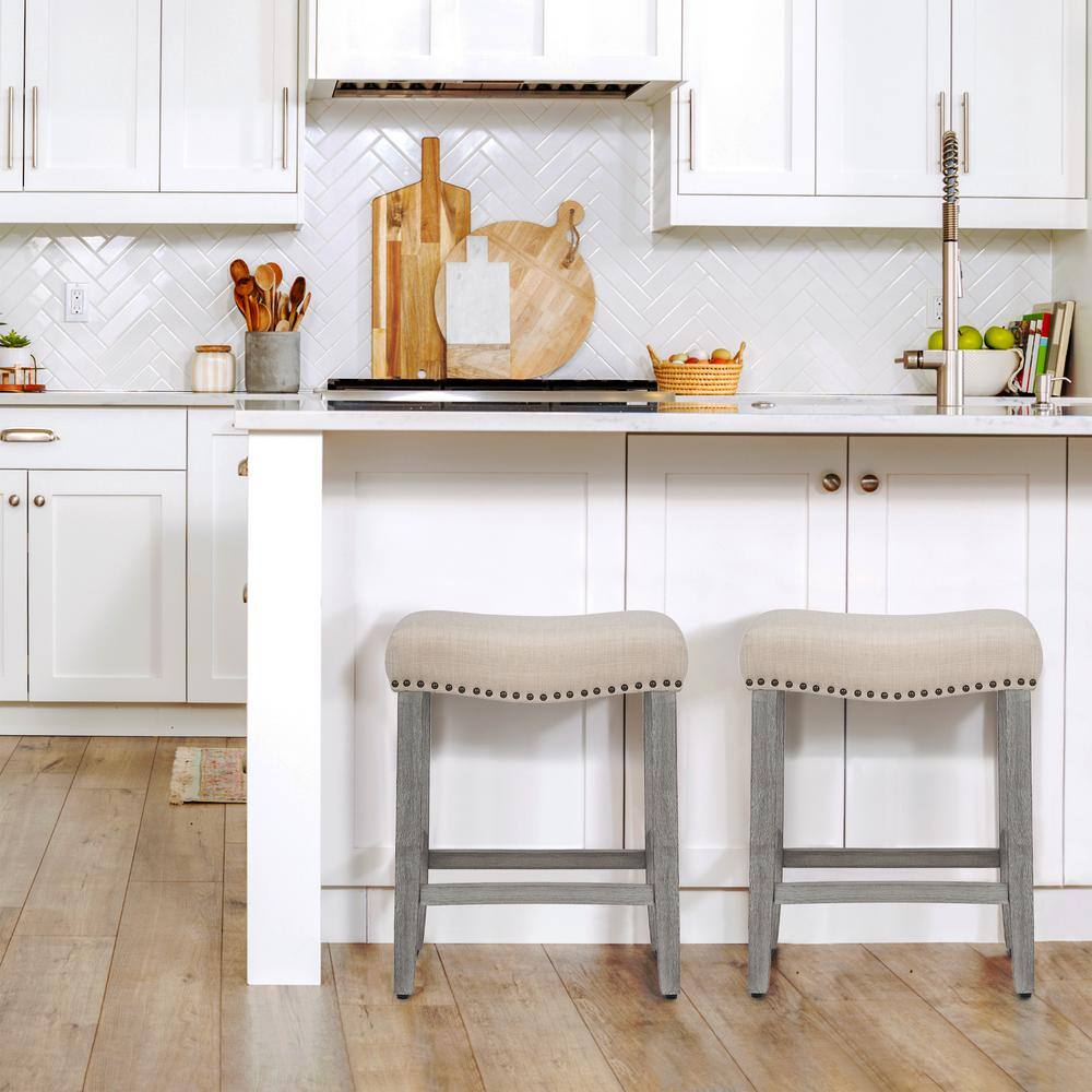 Polytrends Jameson Upholstered Polyester 24" Counter Stool - Gray Legs/ Saddle Seat Antique Gray/Beige Metal Foam Polyester Up to 200 lbs