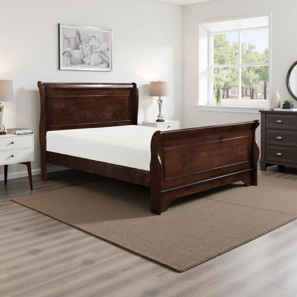 Benjara Transitional Queen Sleigh Style Bed, Dark Wood Frame, Cherry Brown Finish