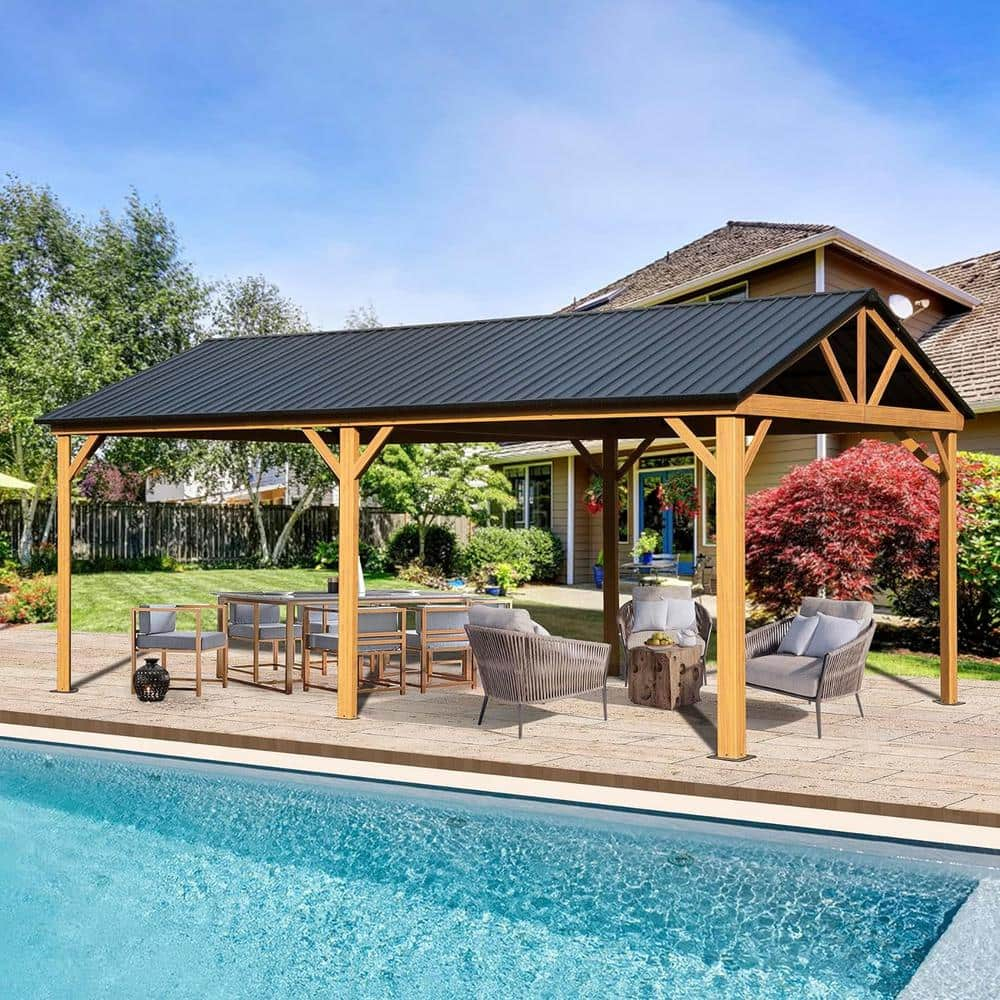 Swonuk 12' x 20' Hardtop Gazebo, Galvanized Steel Gable Roof Gazebo Pergola with Wood Grain Aluminum Frame, Outdoor Permanent Gazebo Pavilion for Patio Garden Lawn Backyard and Deck (Yellow Brown)