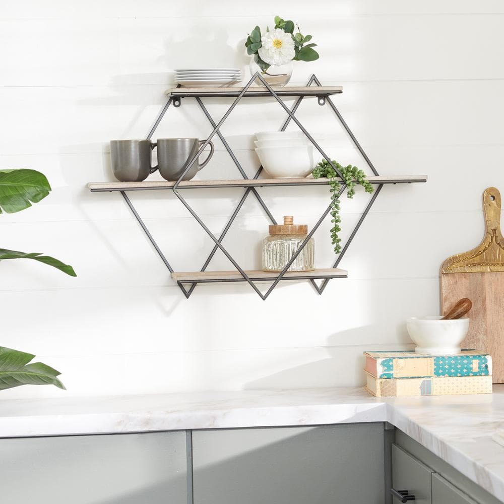 DecMode Brown Wood Contemporary Wall Shelf