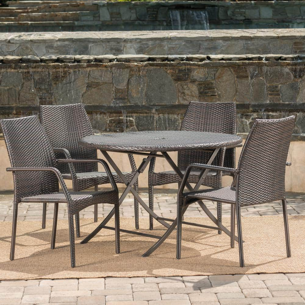 Noble House Kiera 5 Piece Wicker Foldable Patio Dining Set in Brown