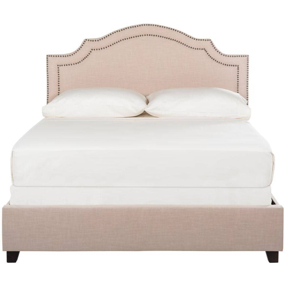 SAFAVIEH Theron Modern Elegant Upholstered Bed Frame with Nail Heads, Full, Light Beige/Brass Nails