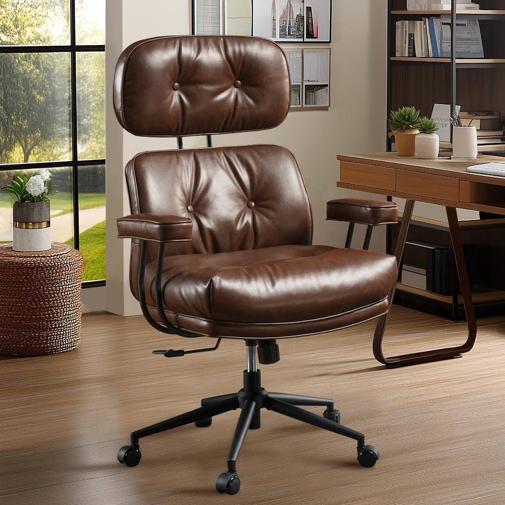 Kro PU Fabric Swivel Ergonomic Office Task Chair in Dark Brown with Recliner High Back Lumbar Support Adjustable Arms