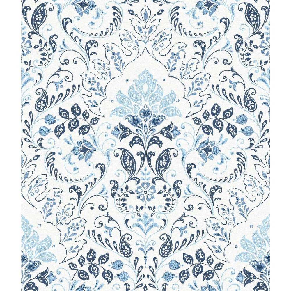 Blue and White Vinyl Damask Peel and Stick Wallpaper