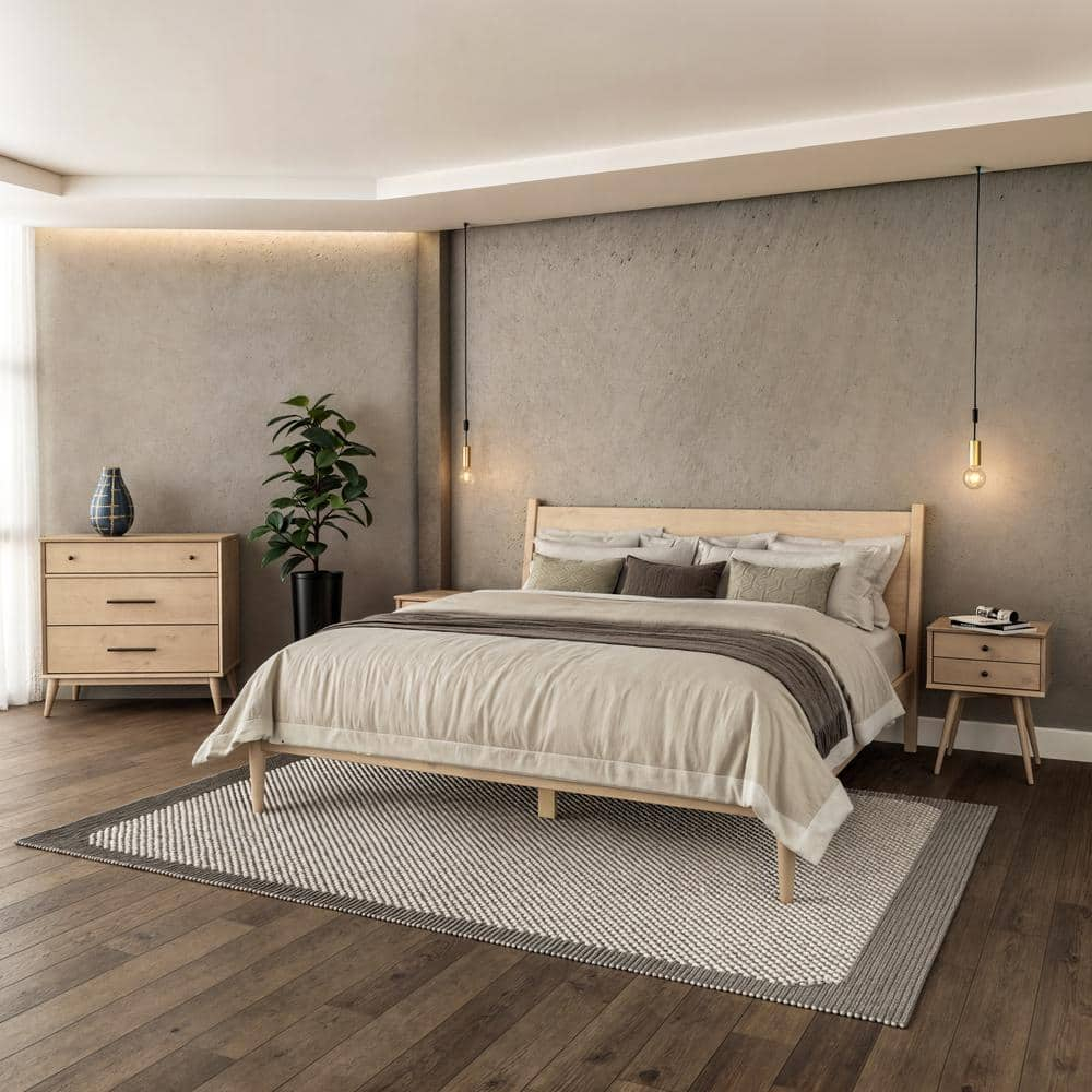 Mid-Century Light Oak King Pine Wood Upholstered Platform Bed