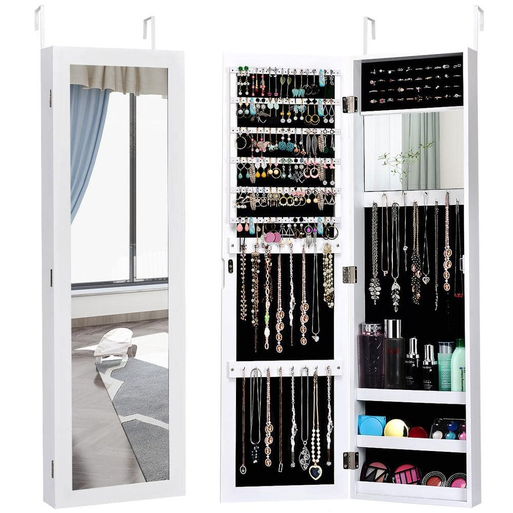 Costway Wall Door Mounted Mirrored Jewelry Cabinet Storage Organizer White