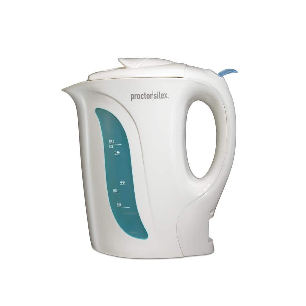 Proctor Silex Electric Kettle, Auto Shutoff, Boil-Dry Protection, 1 Liter, White, New, K2070PS