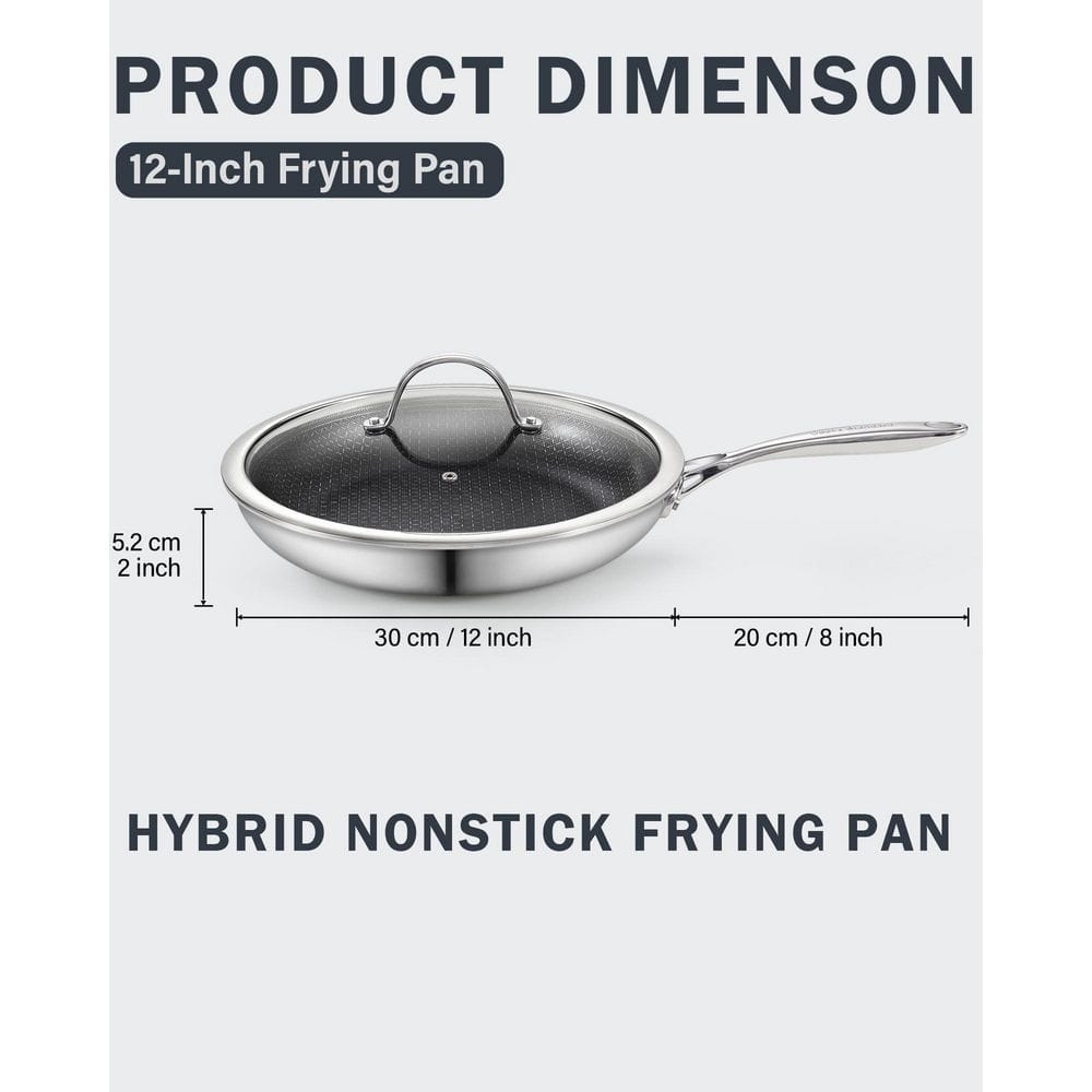 Cooks Standard Hybrid Nonstick Frying Pan, 12-Inch Skillet, Multi-Ply Clad Stainless Steel Fry Pan with Tempered Glass Lids, Oven Safe, Compatible with All Stovetops
