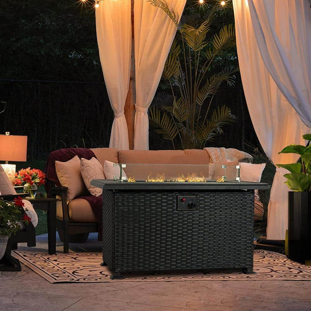 Kozyard Outdoor Patio Propane Gas Fire Pit Table - 50,000 BTU Wicker Design with Aluminum Tabletop, Glass Wind Guard, Clear Glass Rocks, and Slide Out Tank Holder - Ideal Patio Fire Table (Gray)