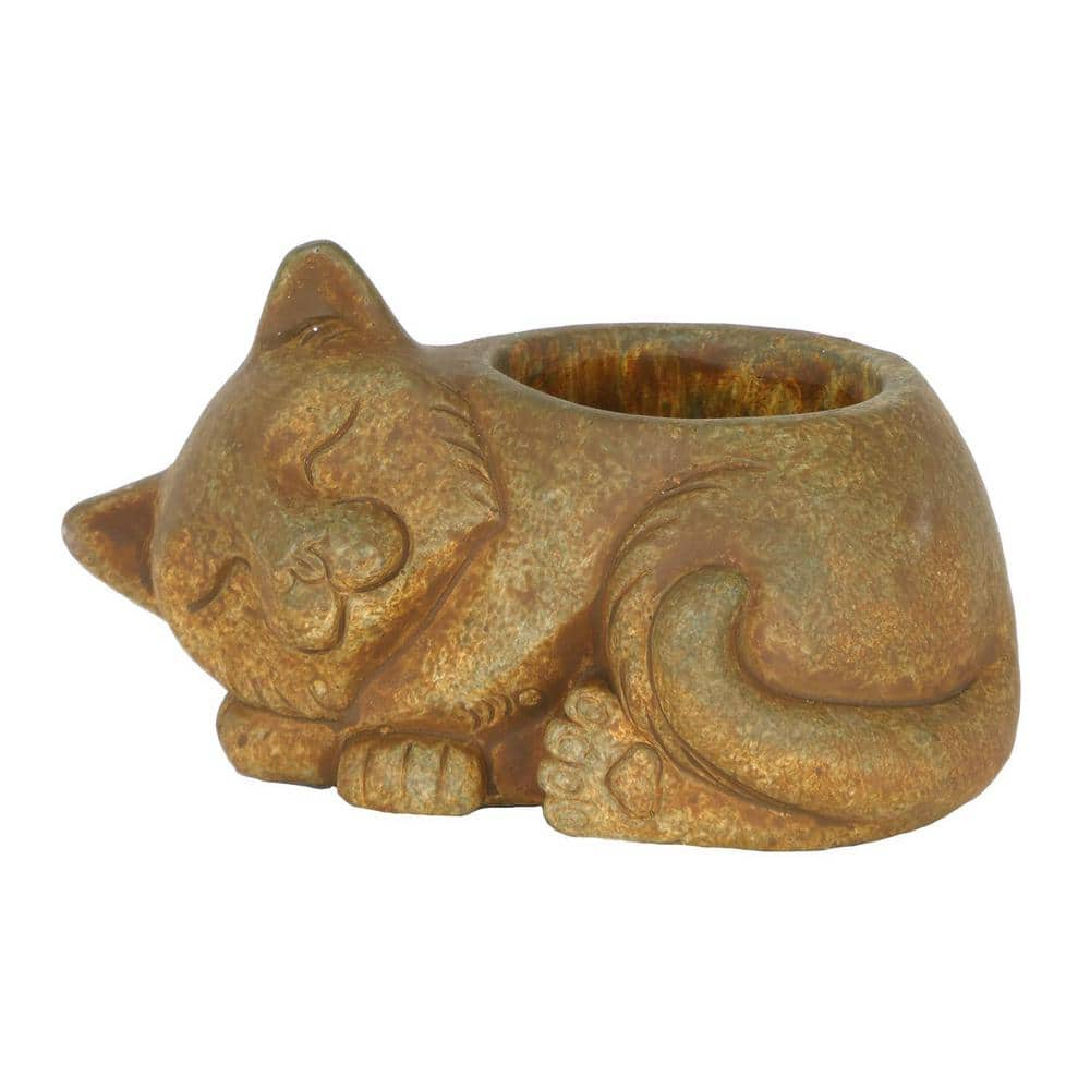 Classic Home and Garden Cement Buddies Indoor/Outdoor Planter with Drainage Hole, Sleeping Cat, Rust Brown, Large, 8.5in